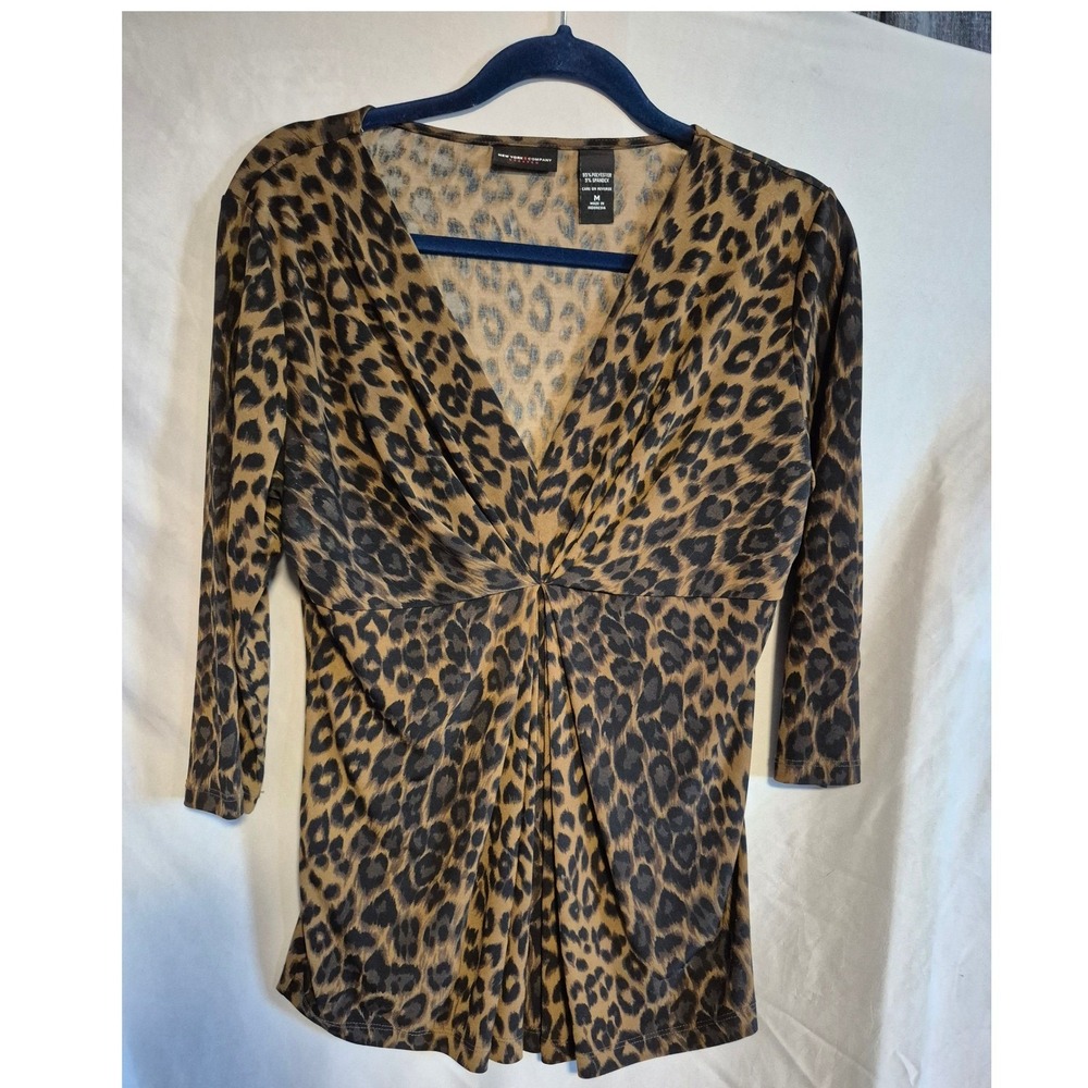 New York & Company Womens Leopard Print Twist Front 3/4 Sleeve Top